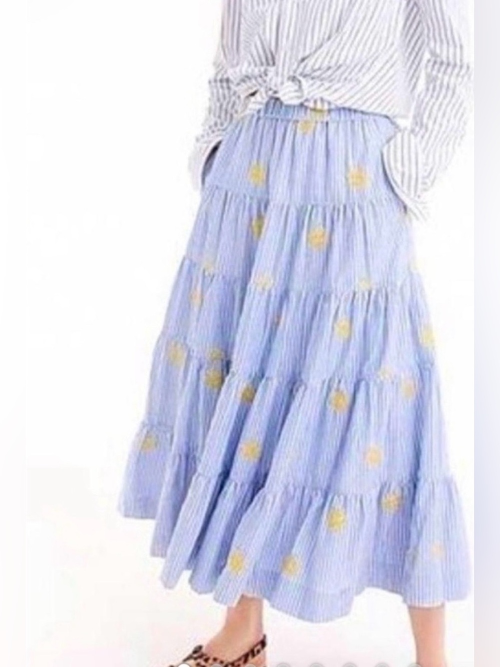 Classic J.Crew Blue White Striped Tiered Drop Waist Skirt with Yellow Embroidery